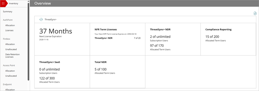 Screenshot of the Inventory > NDR summary page for Compliance Reporting, along with all NDR products included with a Total XDR license